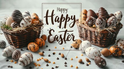 Easter chocolate eggs basket on both side and Happy Easter written in calligraphy font in the...