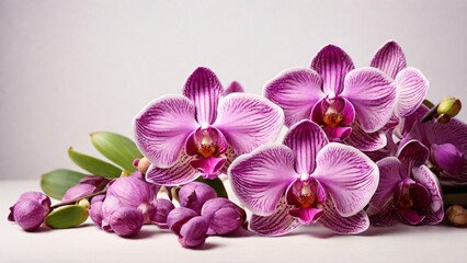 purple orchid flowers on white wooden table, closeup