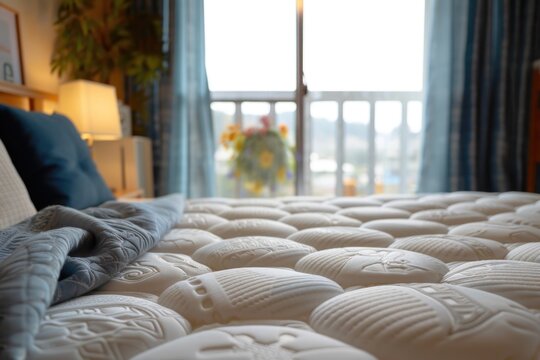 Close-up of a textured mattress in a bedroom with natural light and bouquet