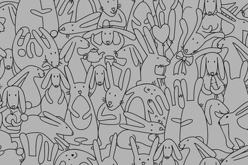 Fototapeta premium Seamless pattern with cute bunny and rabbit. Easter hare. Hand drawn sketch vector illustration. 