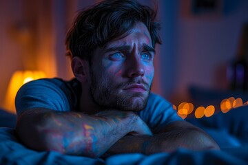 Man lit in moody blue light showing contemplation and colorful paint on skin