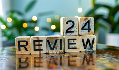 End-of-year reflection with 2024 REVIEW spelled out in letter blocks on a table, symbolizing annual analysis, summary, and strategic planning - obrazy, fototapety, plakaty
