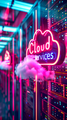 Neon cloud services sign floating over a server room filled with data racks, symbolizing modern cloud computing and data storage solutions in a digital world