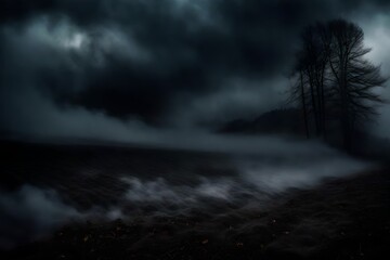 storm clouds lapse, Step into the mysterious world of darkness with an eerie scene featuring black ground fog, mist, and steam swirling against a dark, white horror overlay