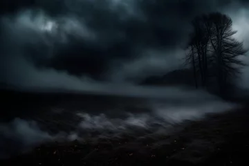 Zelfklevend Fotobehang Mistige ochtendstond storm clouds lapse, Step into the mysterious world of darkness with an eerie scene featuring black ground fog, mist, and steam swirling against a dark, white horror overlay