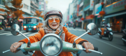 Cheerfully smiling Grandma Asian Ethnicity in helmet on motor Scooter riding narrow city streets, Celebrating Retirement Benefits, Joyful Adventures. Happy elder retired people and travel concept