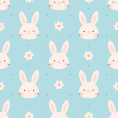 Seamless pattern with cute white bunny and flowers. Happy Easter, Hello Spring. Vector illustration in flat style