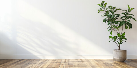 Background with place for text and  a potted houseplant on a parquet floor near the white wall. AI generative