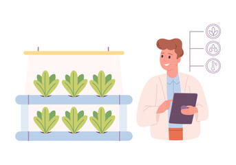 Hydroponics technology for plants growing. Vertical farming. Scientist or biologist grows plants in hydroponic farm. Smart farm. Vector illustration in flat style