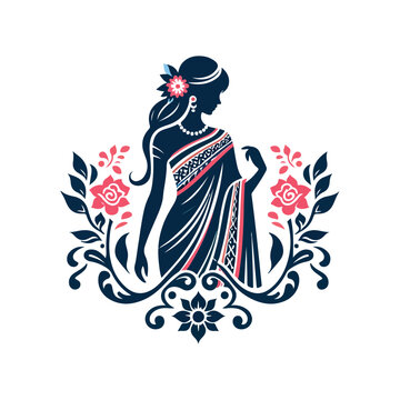 Fashion saree logo design with women figure template or clothing logo design illustration, Generative Ai.