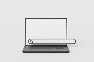 3D Laptop computer with search bar icon. Navigation and search, SEO internet marketing concept. Web browser on computer screen. Cartoon creative design icon isolated on white background. 3D Rendering.