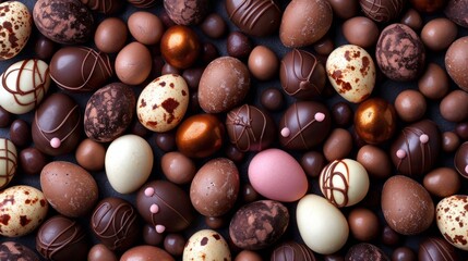 background filled with Easter eggs and chocolate eggs  - obrazy, fototapety, plakaty