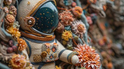 cute knitted astronaut on a fantastic cozy flower planet, concept for Cosmonautics Day, astronomy, banner - obrazy, fototapety, plakaty