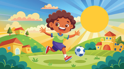 Young Boy Playing Soccer on a Sunny Day in a Rural Setting