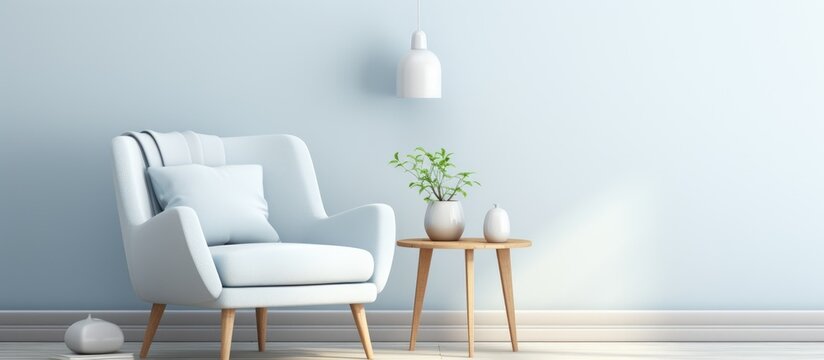 Minimalistic Scandinavian room interior design with armchair and coffee table in light pastel blue colors