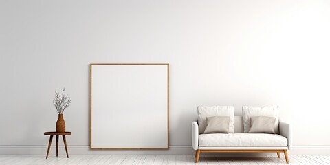 Minimalistic Scandinavian interior with white empty wall for showcasing wall art. Nordic interior photo for wall decal design.