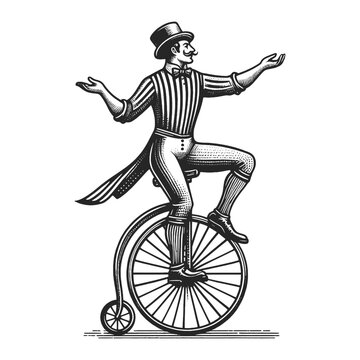 Circus performer acrobat rides Penny-Farthing Bicycle sketch engraving generative ai fictional character vector illustration. Scratch board imitation. Black and white image.