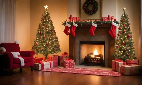 Merry Christmas Tree With Illumination Near the Fireplace. Home Decor. Ai generate