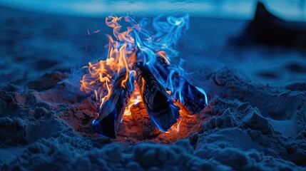An ultra-HD image of a campfire with sapphire blue flames flickering against a background of fine, white sand at twilight. No people are visible, focusing on the surreal beauty of the fire.