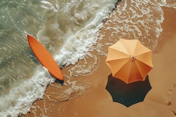 An overhead view capturing two vibrant orange umbrellas standing out against the sand on a beach, providing shade to beachgoers under the bright sun on a clear day