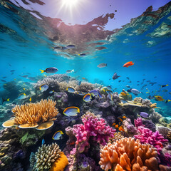 Naklejka na ściany i meble The Majestic Underwater World: A Vibrant and Abundant Coral Reef Teeming with Sea Life