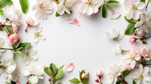 White background surrounded by blooming spring flowers
