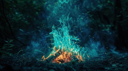 Fototapeta na wymiar A campfire with flames in a gradient of teal to navy blue, set against a backdrop of dark, forest green foliage. The contrast highlights the fire's mesmerizing beauty.