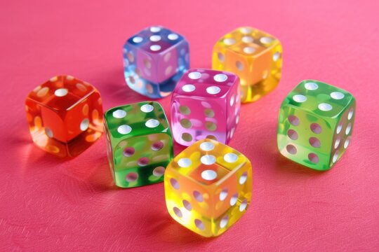 Translucent dice on a red background.