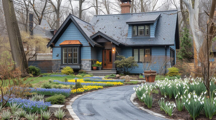 Fototapeta na wymiar A craftsman cottage with an ice blue exterior and a contrasting dark roof, featuring a circular driveway and a pathway lined with snowdrops and winter aconites.