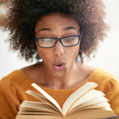 Woman, book and reading or excited in library or literature knowledge or university education,...