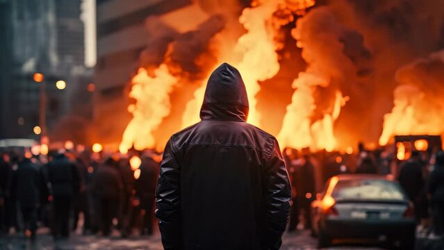 A man in a hooded sweatshirt stands in front of a burning building in Bangkok. Back view Aggressive man without face in hood against backdrop of protests and burning cars, AI Generated