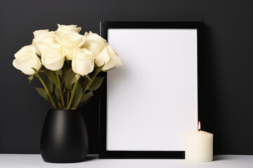 white black picture frame white roses in a black vase white candle dark background copy space