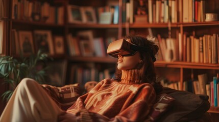 An individual donning a VR headset within a cozy reading nook - obrazy, fototapety, plakaty