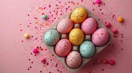 Colorfully painted Easter eggs in a carton with vibrant decorations. - Powered by Adobe