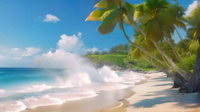 Beautiful beach Anse Lazio at Seychelles - nature background, Beautiful tropical Barbados island. View of the golden beach with palms and crystal clear water, AI Generated