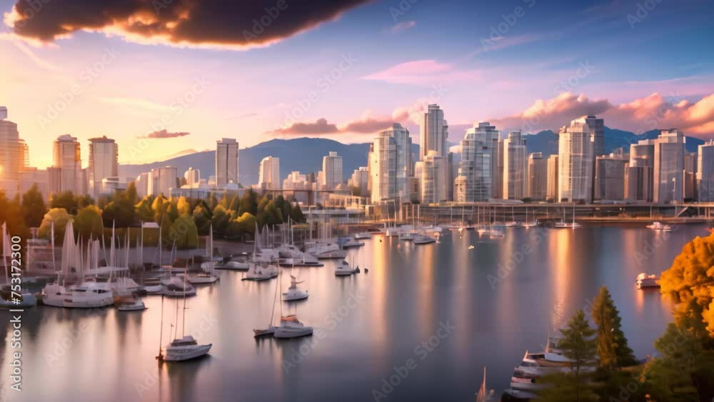 Sticker Cityscape of Vancouver, British Columbia, Canada. Panoramic view of Vancouver waterfront at sunset,m Beautiful view of Vancouver, British Columbia, Canada, AI Generated