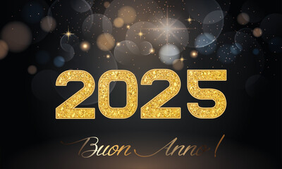 biglietto o banner per augurare un felice anno nuovo 2025 in oro su sfondo nero con cerchi effetto bokeh e stelle di diversi colori