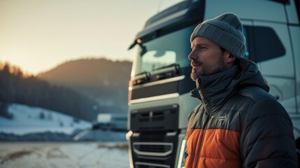 Fototapeta na wymiar Thoughtful Truck Driver at Sunset