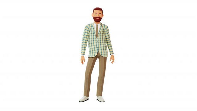 A 3D man with a beard in a checkered jacket makes a gesture - so what, shrugs his shoulders, spreads his arms. 3d looped animation with alpha channel.