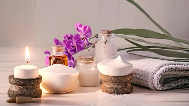 Spa and wellness setting with sea salt, towels, candles and orchid flowers, beauty treatment items for spa procedures on a white wooden table. massage stones, essential oils, AI Generated