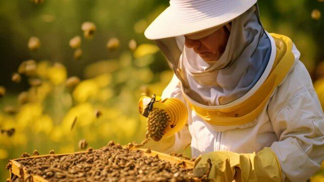 Beekeeper working on honeycomb in apiary. Beekeeper is harvesting honey, beekeeper with protection suit and helmet holding honeycomb with bees, AI Generated