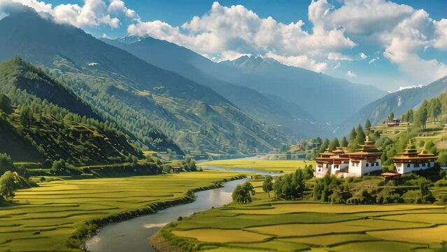 Rice terraces in Sapa, Vietnam. Sapa is one of the most beautiful villages in Vietnam, Bhutan, Tashichho Dzong in Thimphu. Surrounded by yellow rice fields, River and mountains, AI Generated