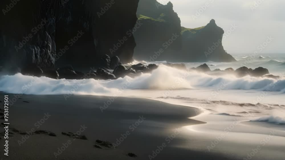 Wall mural Black sand beach on Reynisfjara volcanic island, Iceland, Silhouettes of tourists enjoying the black sand beach and ocean waves, AI Generated