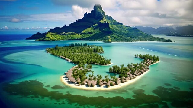 Tropical island with palm trees and blue lagoon. 3d render, Bora bora aerial view, tahiti french polynesia, AI Generated