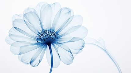 A beautiful cyanotype image features an x-ray of a gerbera, revealing transparent petals and intricate petal skeletons in stunning detail.