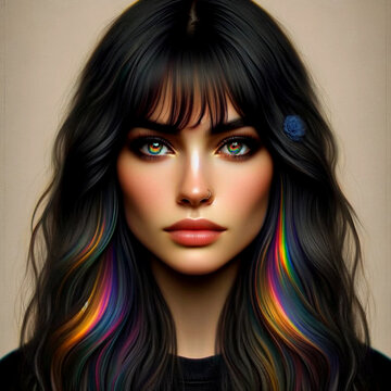 Mystical Digital Art of a Woman with Rainbow-Hued Hair Highlights