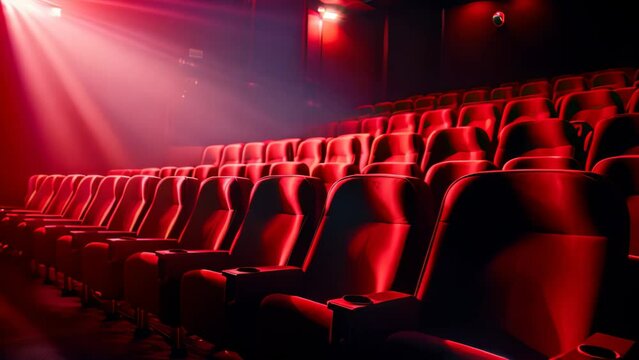 Cinema auditorium with red seats and spotlights. Cinema background, Bright empty red seats in cinema rows, AI Generated
