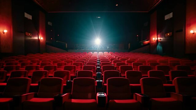 Empty cinema auditorium with rows of red seats illuminated by spotlights, Bright empty red seats in cinema rows, AI Generated