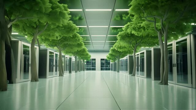 Modern interior of a server room with green trees. 3D rendering, Bright server room with trees and grass growing out out of servers, AI Generated