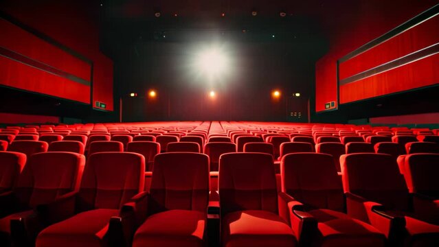Empty cinema auditorium with red seats and spotlights, 3d render, Bright empty red seats in cinema rows, AI Generated